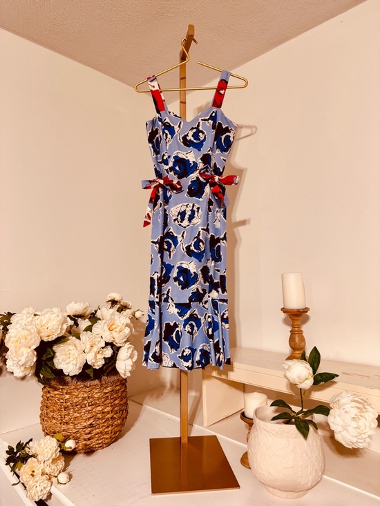 Sachin + Babi Dresses & Skirts - Sachin + Babi Blue Floral Midi Dress with Red Strap Accents
